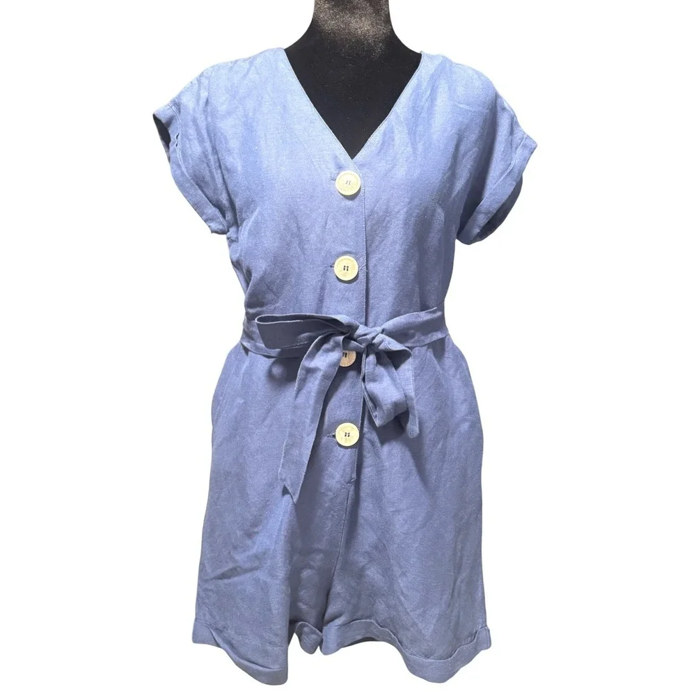 Mango MNG Basics Blue Linen Blend Button Front Romper‎ Tie Waist Women Size 4 S